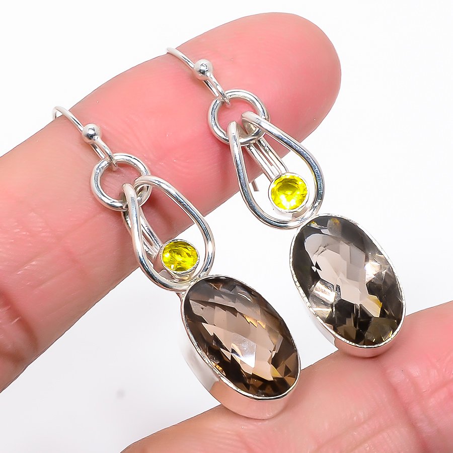 Smoky Quartz & Lemon Topaz 925 Sterling Silver Jewelry Earring, Drop Dangle Earring, Gift For Her, Oval Earring, Brown Earring, Silver Jewelry Earring