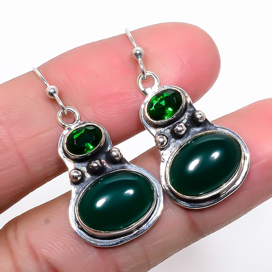 African Green Onyx & Emerald 925 Sterling Silver Jewelry Earring, Drop Dangle Earring, Gift For Her, Oval Earring, Green Earring, Silver Jewelry Earring