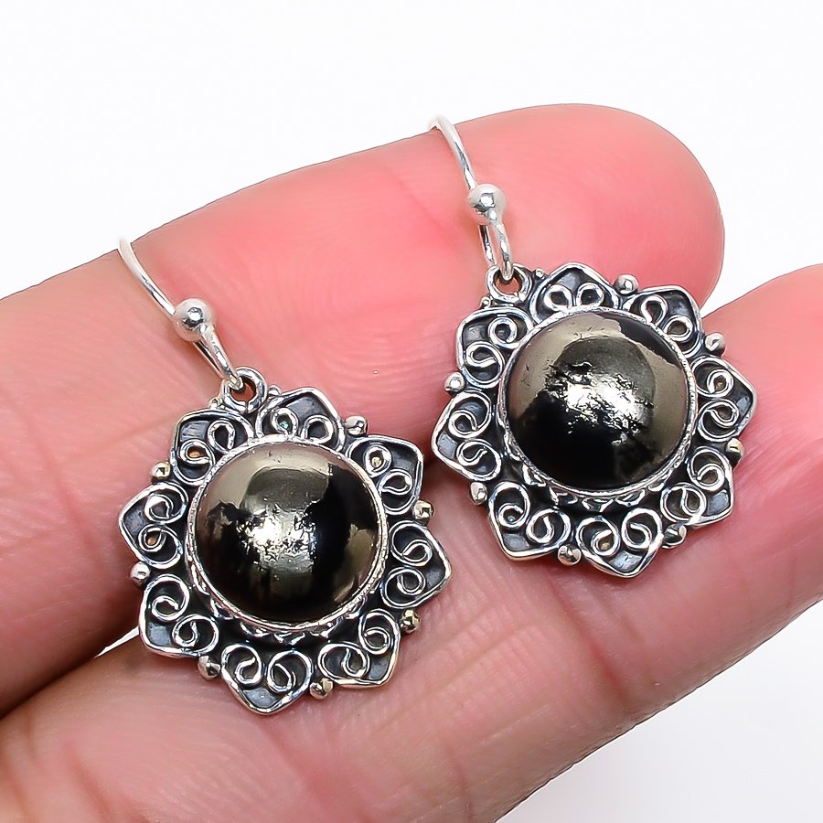 Pyrite And Magnetite Vintage Style 925 Sterling Silver Jewelry Earring, Drop Dangle Earring, Gift For Her, Round Earring, Black Earring, Silver Jewelry Earring