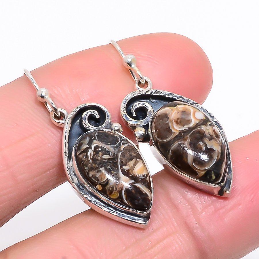 Turritella Fossil Vintage Style 925 Sterling Silver Jewelry Earring, Drop Dangle Earring, Gift For Her, Pear Earring, Brown Earring, Silver Jewelry Earring