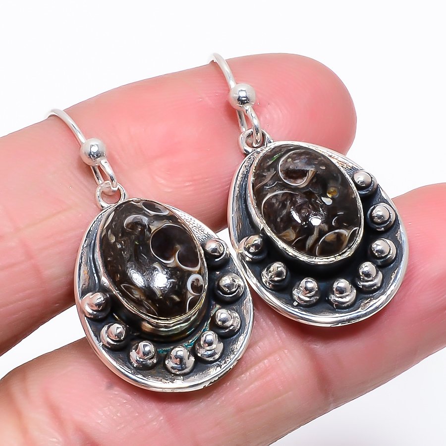 Turritella Fossil Vintage Style 925 Sterling Silver Jewelry Earring, Drop Dangle Earring, Gift For Her, Oval Earring, Brown Earring, Silver Jewelry Earring