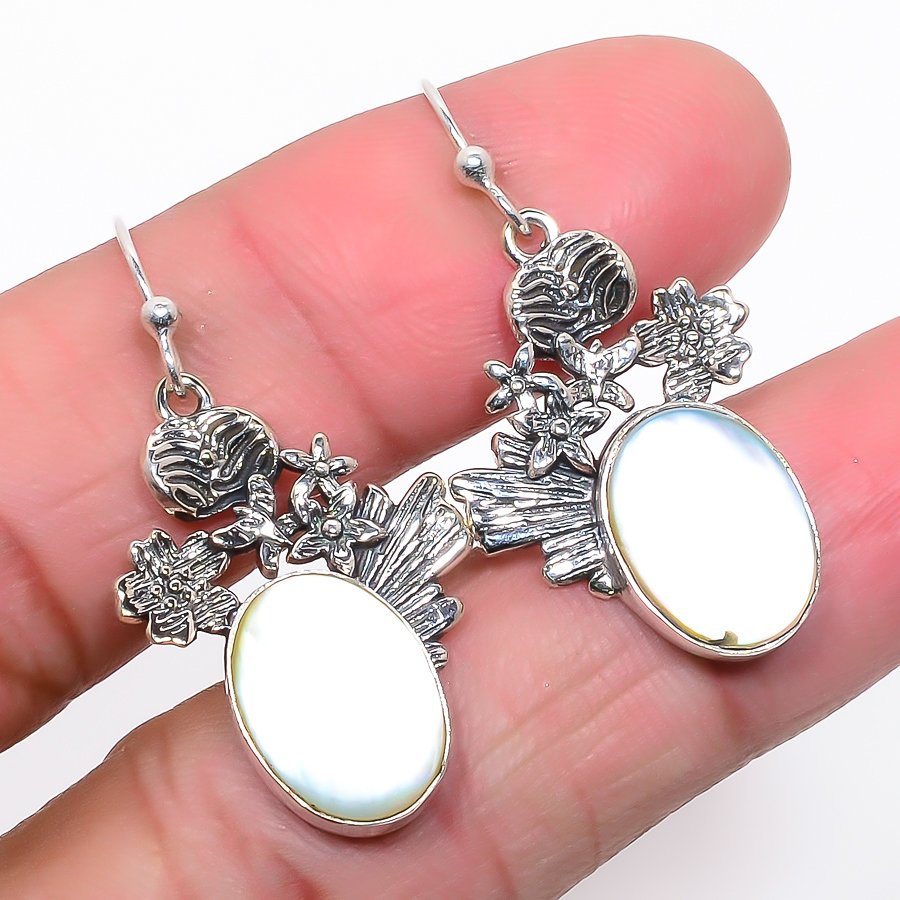 Mother Of Pearl Vintage Style Solid 925 Sterling Silver Jewelry Earring, Drop Dangle Earring, Gift For Her, Oval Earring, White Earring, Silver Jewelry Earring