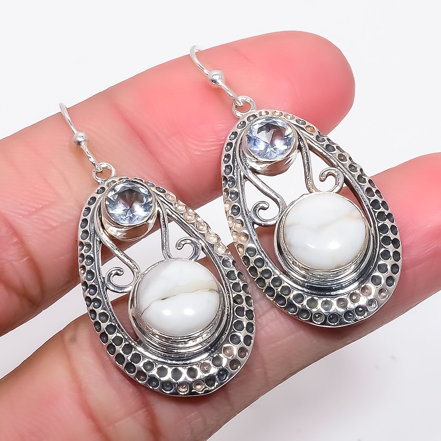 American Howlite & White Topaz Solid 925 Sterling Silver Jewelry Earring, Drop Dangle Earring, Gift For Her, Round Earring, White Earring, Silver Jewelry Earring