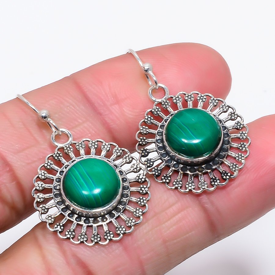 Malachite 925 Sterling Silver Jewelry Earring, Drop Dangle Earring, Gift For Her, Round Earring, Green Earring, Silver Jewelry Earring