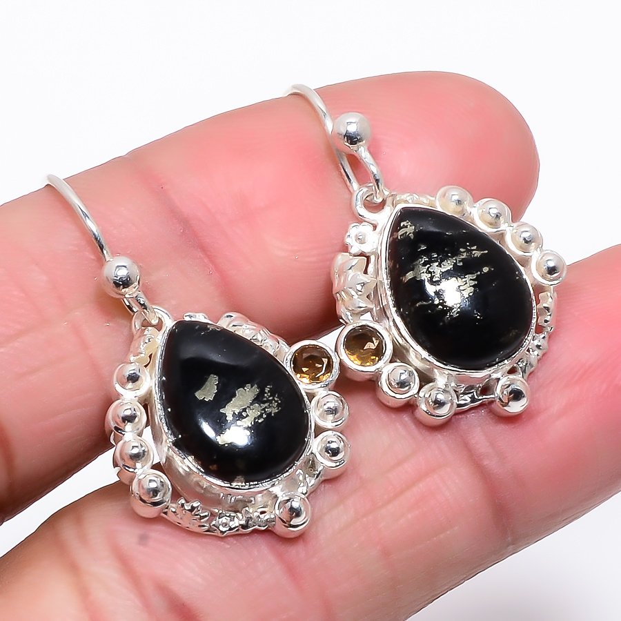 Pyrite In Magnetite & Smoky Quartz 925 Sterling Silver Jewelry Earring, Drop Dangle Earring, Gift For Her, Pear Earring, Black Earring, Silver Jewelry Earring