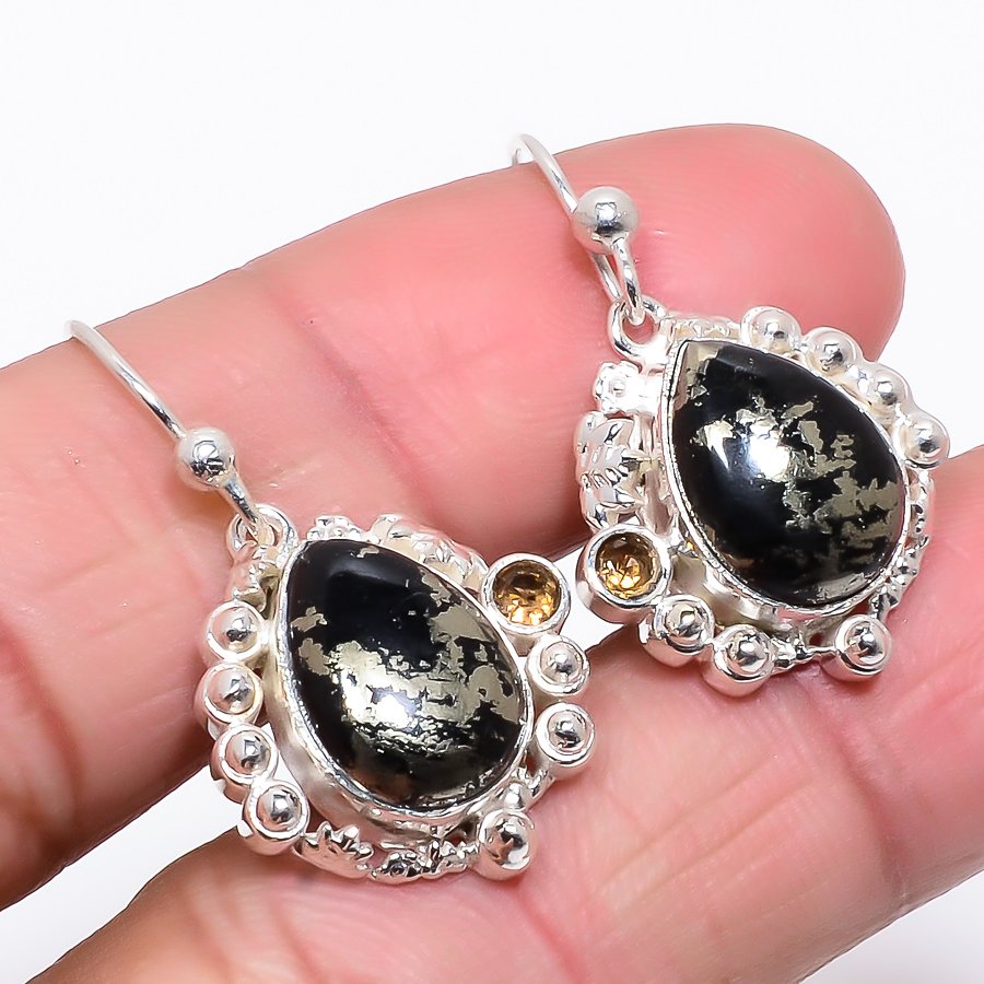 Pyrite In Magnetite & Smoky Quartz 925 Sterling Silver Jewelry Earring, Drop Dangle Earring, Gift For Her, Pear Earring, Black Earring, Silver Jewelry Earring