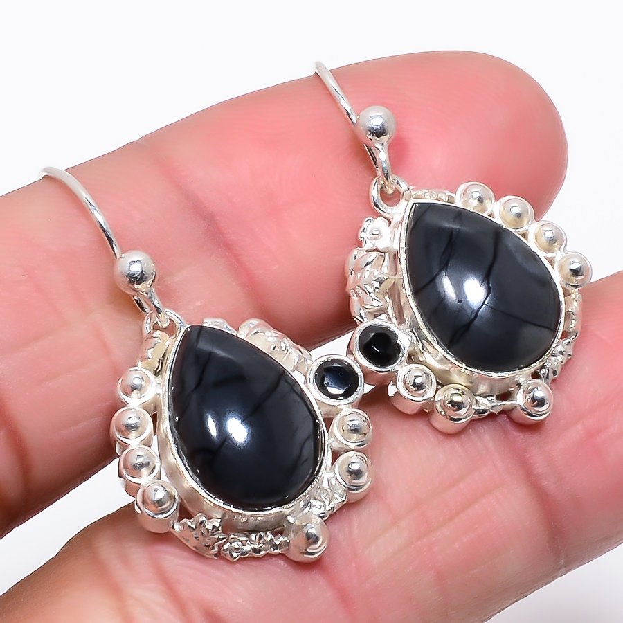 Picasso Jasper & Black Onyx 925 Sterling Silver Jewelry Earring 1.22" T48