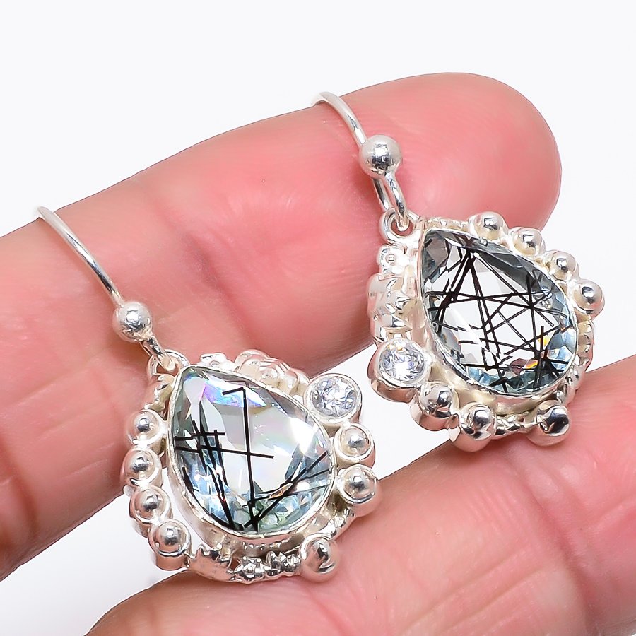 Salt Paper Rutilated Quartz 925 Sterling Silver Jewelry Earring, Drop Dangle Earring, Gift For Her, Pear Earring, Black Earring, Silver Jewelry Earring