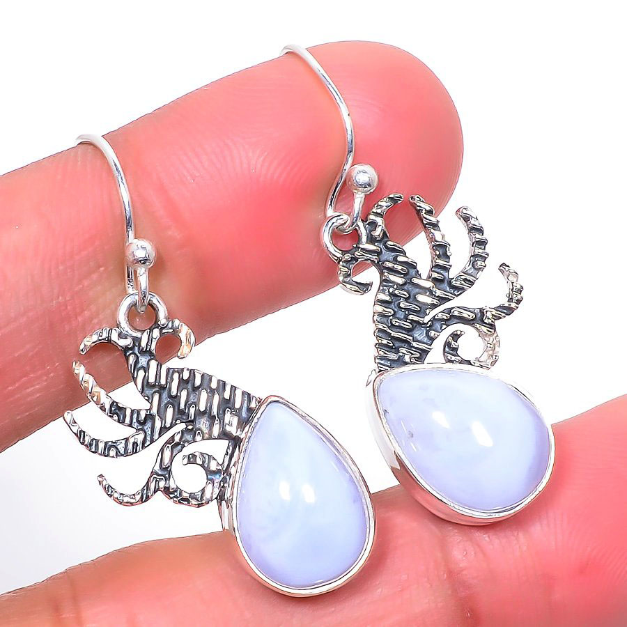 Namibian Blue Lace Agate Solid 925 Silver Earring, Drop Dangle Earring, Gift For Her, Pear Earring, Blue Earring, Silver Jewelry Earring