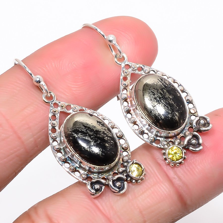 Pyrite And Magnetite & Lemon Topaz 925 Sterling Silver Jewelry Earring, Drop Dangle Earring, Gift For Her, Oval Earring, Black Earring, Silver Jewelry Earring