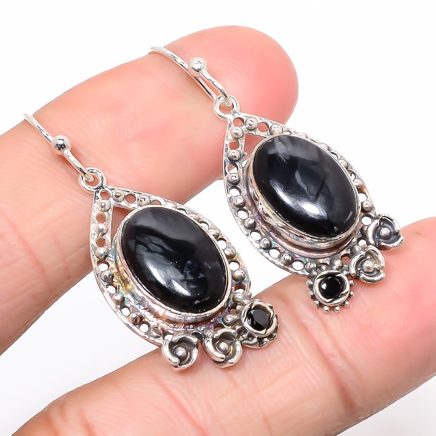 Picasso Jasper & Black Onyx 925 Sterling Silver Jewelry Earring, Drop Dangle Earring, Gift For Her, Oval Earring, Black Earring, Silver Jewelry Earring
