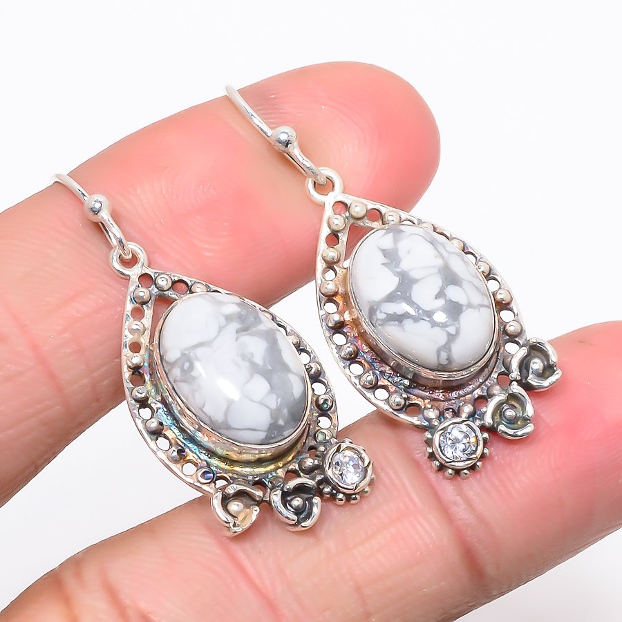 American Howlite & White Topaz 925 Sterling Silver Jewelry Earring, Drop Dangle Earring, Gift For Her, Oval Earring, White Earring, Silver Jewelry Earring