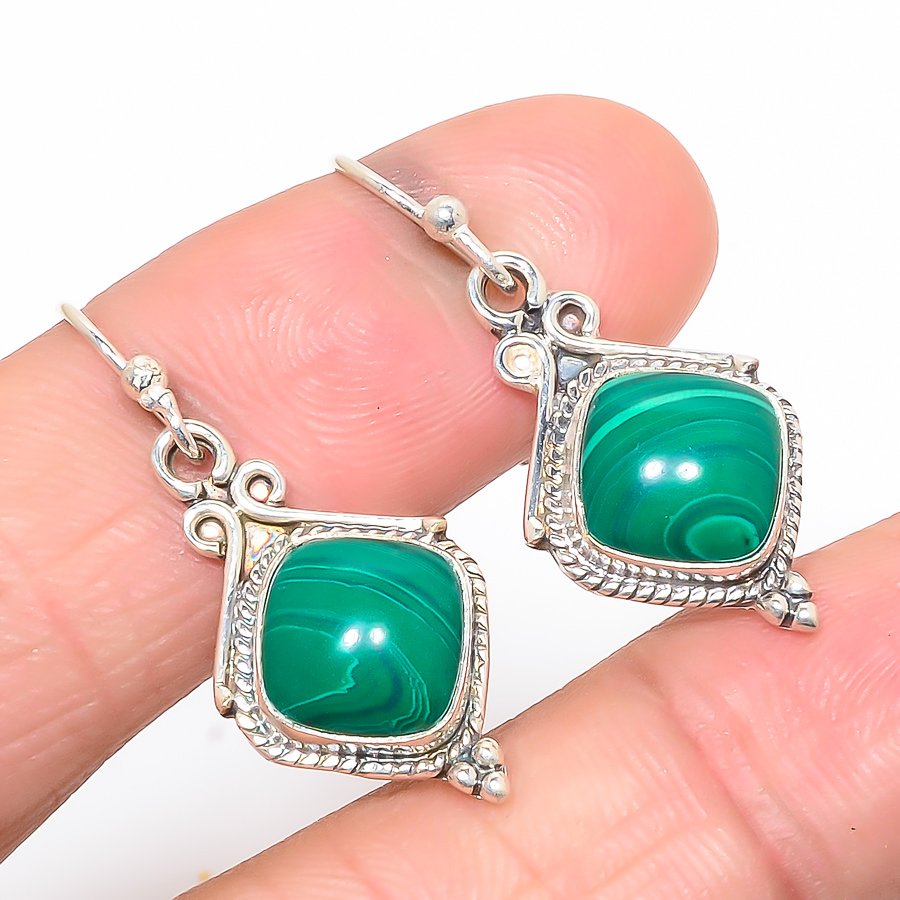Malachite 925 Sterling Silver Jewelry Earring, Drop Dangle Earring, Gift For Her, Cushion Earring, Green Earring, Silver Jewelry Earring