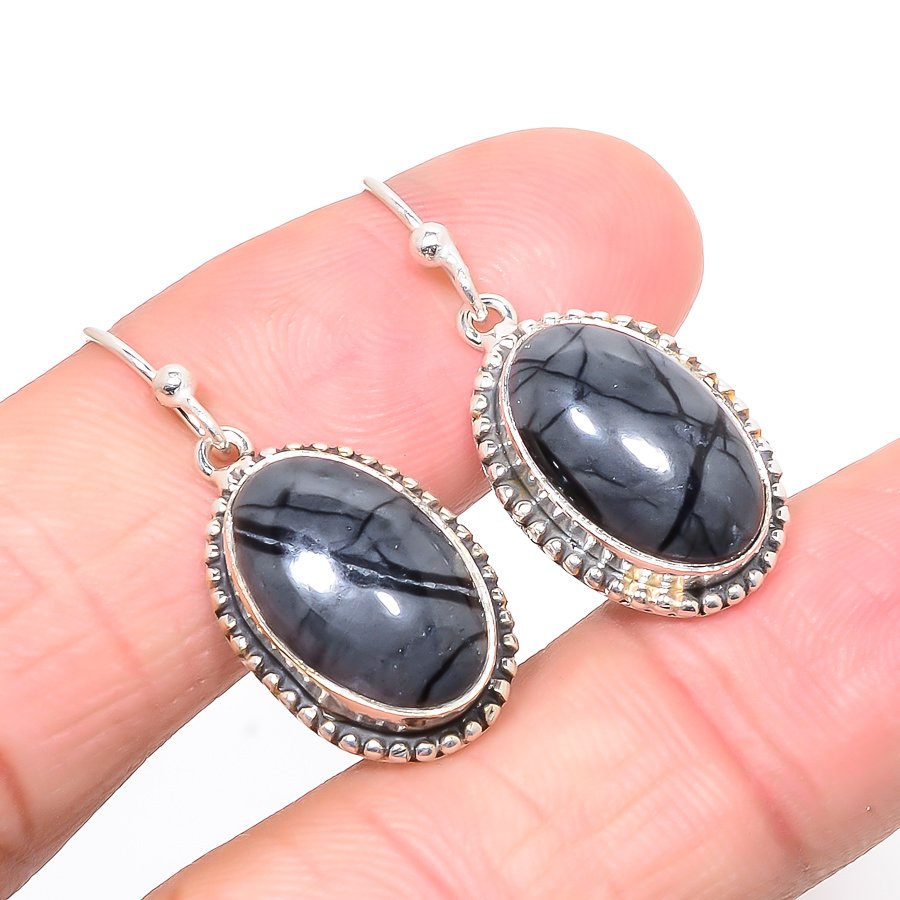 Picasso Jasper Vintage 925 Sterling Silver Jewelry Earring, Drop Dangle Earring, Gift For Her, Oval Earring, Black Earring, Silver Jewelry Earring