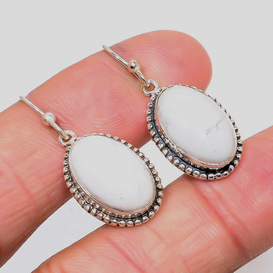 Howlite 925 Sterling Silver Earring, Drop Dangle Earring, Gift For Her, Oval Earring, White Earring, Silver Jewelry Earring