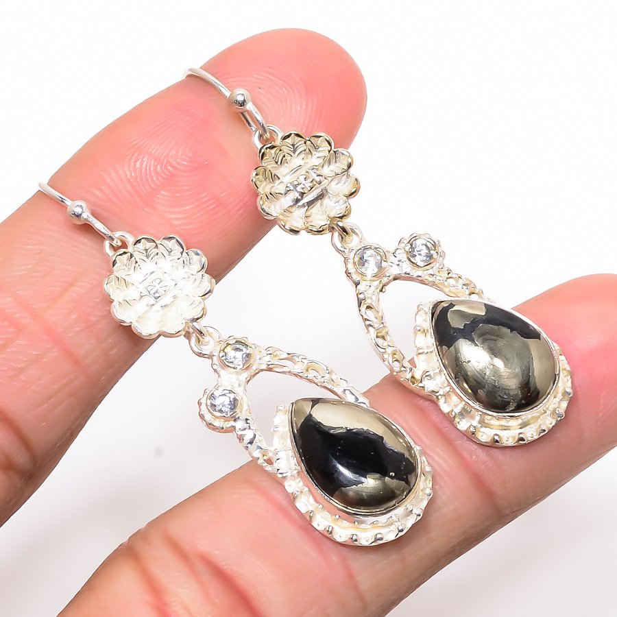 Magnetite In Pyrite & White Topaz 925 Sterling Silver Jewelry Earring, Drop Dangle Earring, Gift For Her, Pear Earring, Black Earring, Silver Jewelry Earring