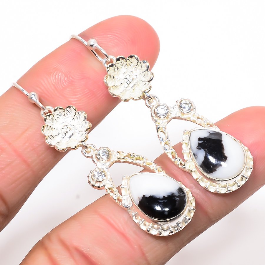 White Buffalo Turquoise & White Topaz 925 Sterling Silver Earring 2.05" T34
