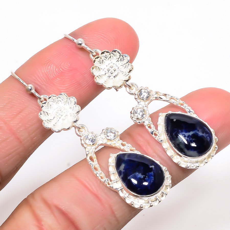 African Sodalite & White Topaz 925 Sterling Silver Jewelry Earring, Drop Dangle Earring, Gift For Her, Pear Earring, Blue Earring, Silver Jewelry Earring