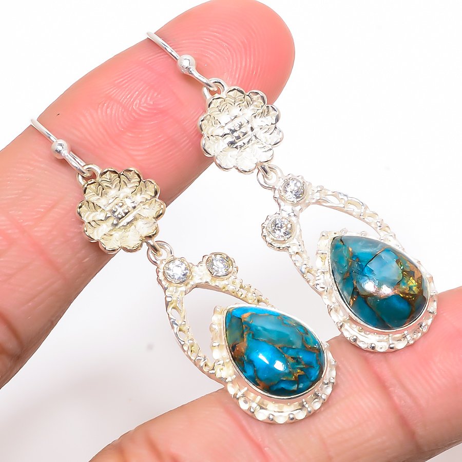 Ithaka Peak Copper Turquoise & White Topaz 925 Silver Earring, Drop Dangle Earring, Gift For Her, Pear Earring, Blue Earring, Silver Jewelry Earring