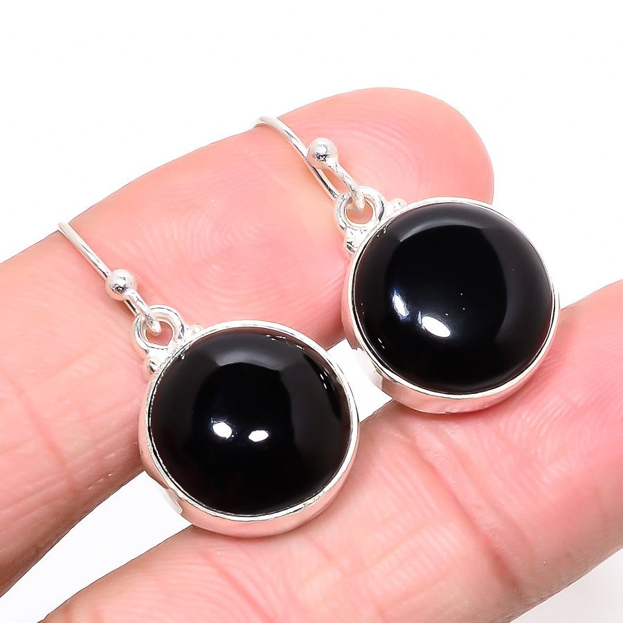 Brazilian Black Onyx Solid 925 Sterling Silver Jewelry Earring, Drop Dangle Earring, Gift For Her, Round Earring, Black Earring, Silver Jewelry Earring