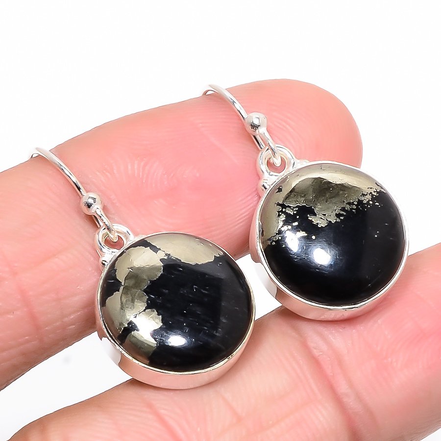 Magnetite In Pyrite 925 Sterling Silver Jewelry Earring, Drop Dangle Earring, Gift For Her, Round Earring, Black Earring, Silver Jewelry Earring