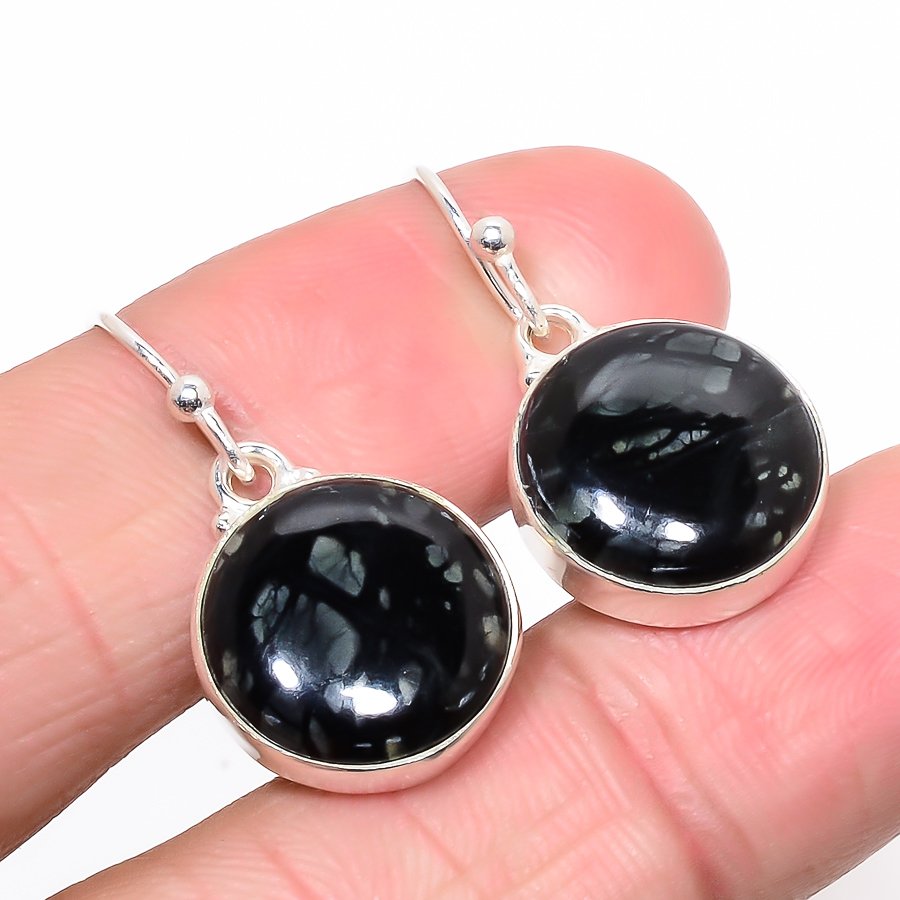 Picasso Jasper 925 Sterling Silver Jewelry Earring, Drop Dangle Earring, Gift For Her, Round Earring, Black Earring, Silver Jewelry Earring