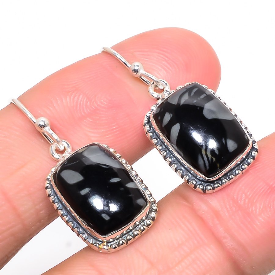 Picasso Jasper Vintage 925 Sterling Silver Jewelry Earring, Drop Dangle Earring, Gift For Her, Cushion Earring, Black Earring, Silver Jewelry Earring