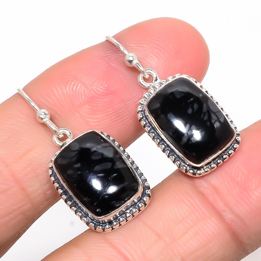 Picasso Jasper Vintage 925 Sterling Silver Jewelry Earring, Drop Dangle Earring, Gift For Her, Cushion Earring, Black Earring, Silver Jewelry Earring