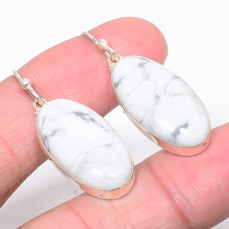 American Howlite 925 Sterling Silver Jewelry Earring, Drop Dangle Earring, Gift For Her, Oval Earring, White Earring, Silver Jewelry Earring