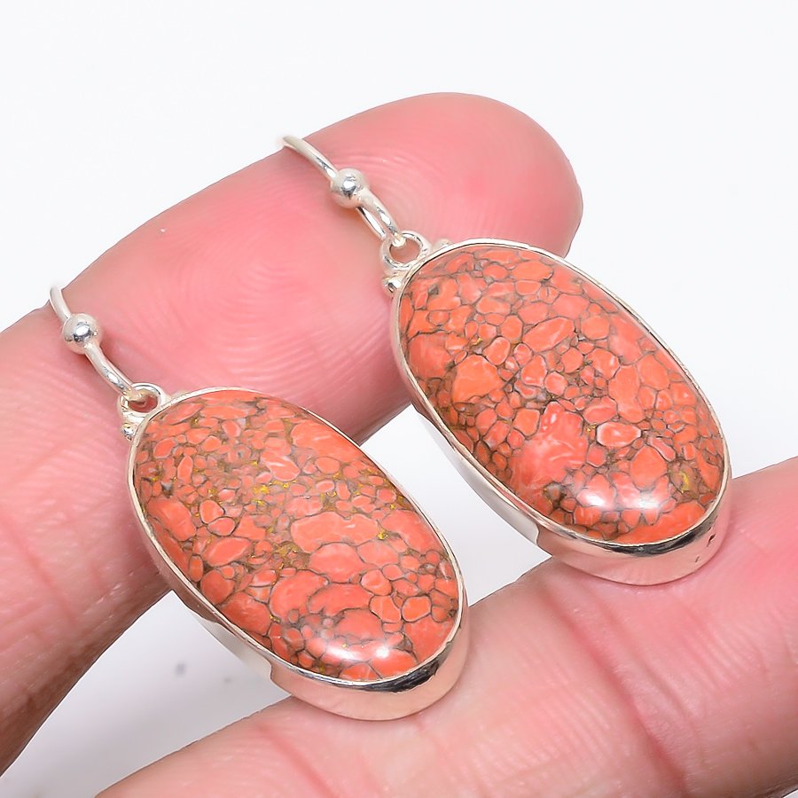 Copper Red Turquoise 925 Sterling Silver Jewelry Earring, Drop Dangle Earring, Gift For Her, Oval Earring, Red Earring, Silver Jewelry Earring