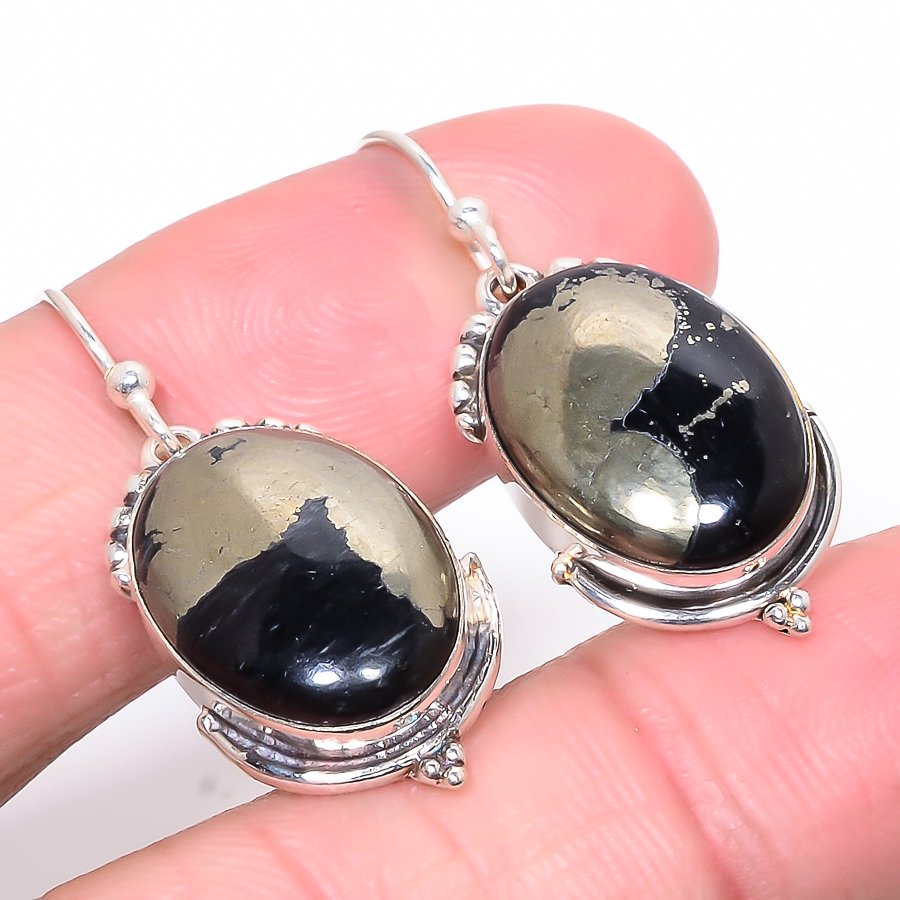 Magnetite In Pyrite Vintage 925 Sterling Silver Jewelry Earring, Drop Dangle Earring, Gift For Her, Oval Earring, Black Earring, Silver Jewelry Earring