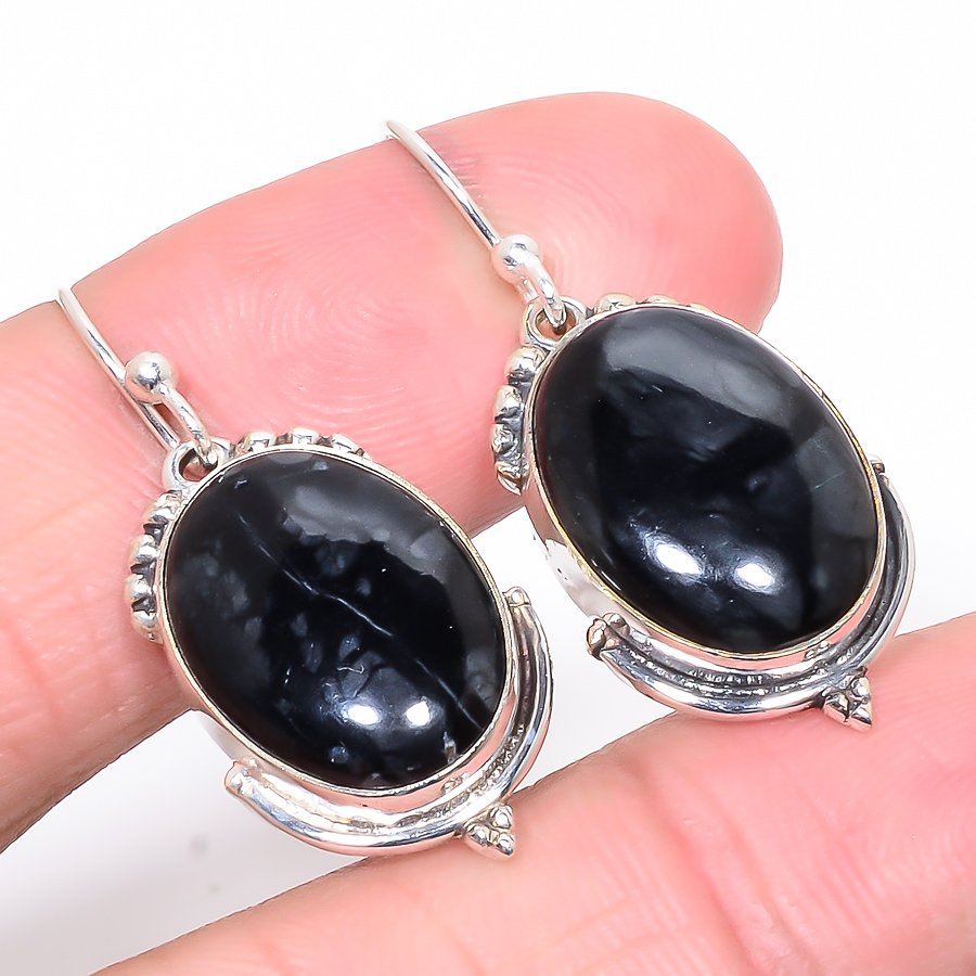 Picasso Jasper Vintage 925 Sterling Silver Jewelry Earring, Drop Dangle Earring, Gift For Her, Oval Earring, Black Earring, Silver Jewelry Earring