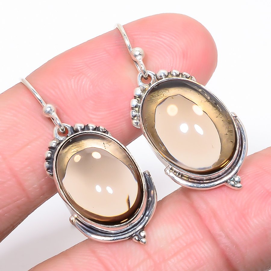 Smokey Quartz Vintage 925 Sterling Silver Handmade Earring 1.46" T6