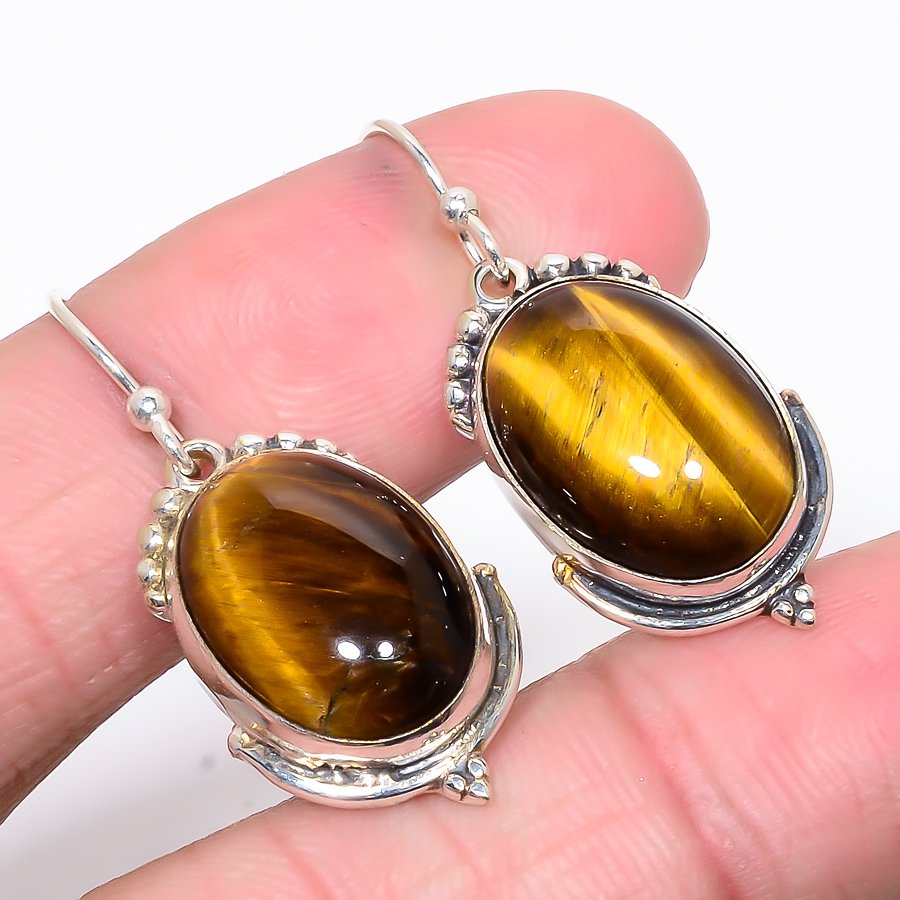 Thai Tiger'S Eye Vintage 925 Sterling Silver Jewelry Earring, Drop Dangle Earring, Gift For Her, Oval Earring, Yellow Earring, Silver Jewelry Earring