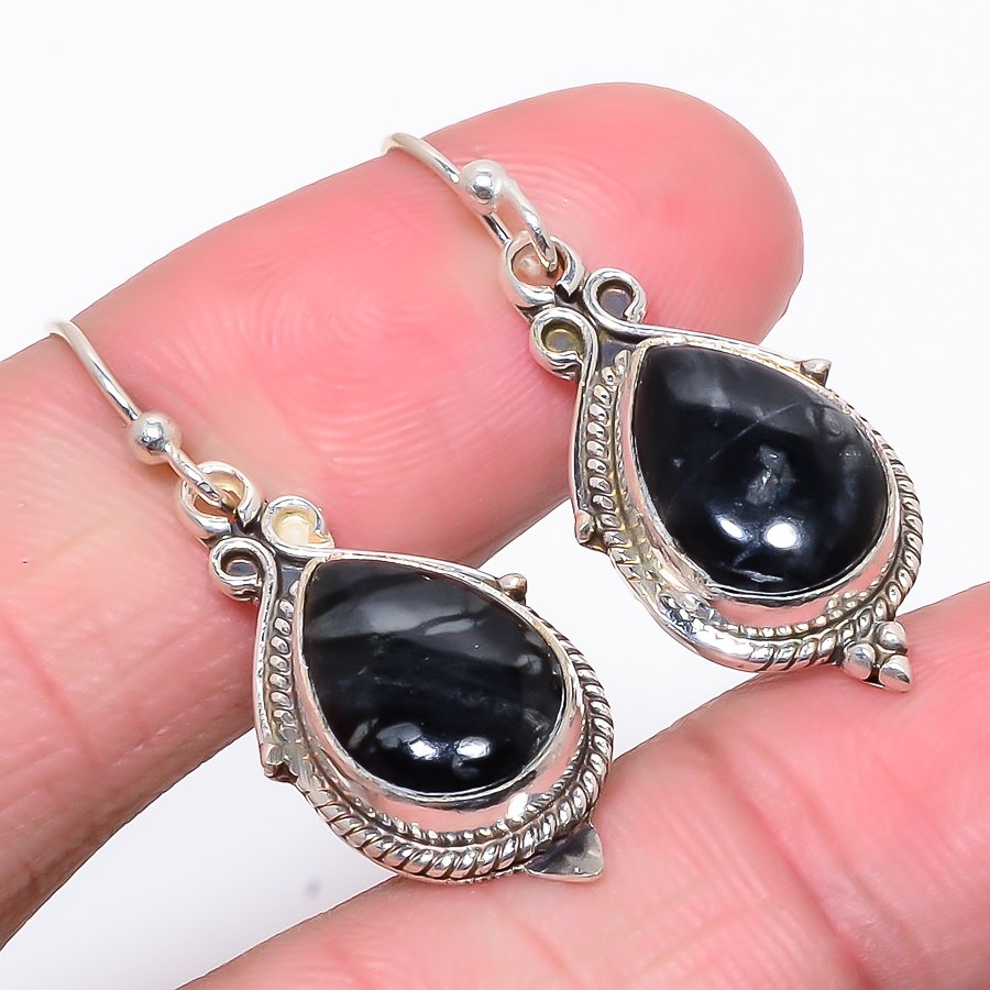 Picasso Jasper Vintage 925 Sterling Silver Jewelry Earring, Drop Dangle Earring, Gift For Her, Pear Earring, Black Earring, Silver Jewelry Earring