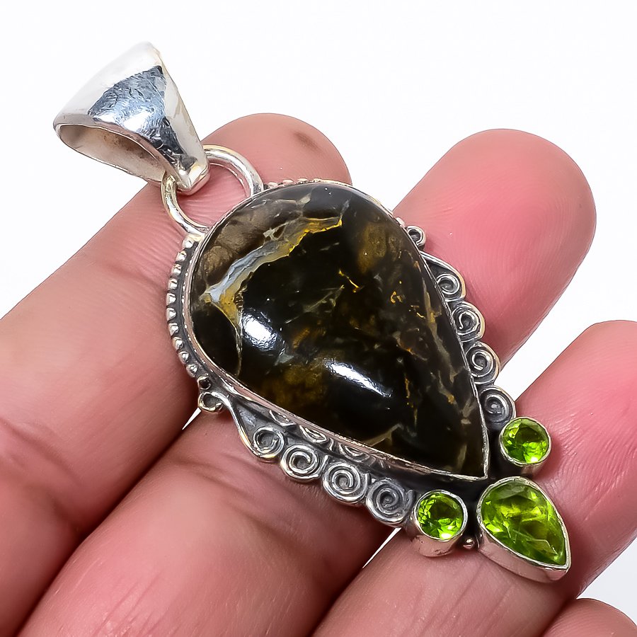 Pilbara Jasper & Peridot 925 Sterling Silver Pendant, Handmade Pendant, Pear Pendant, Green Pendant, Unique Silver Pendant, Fine Pendant, Silver Jewelry Pendant