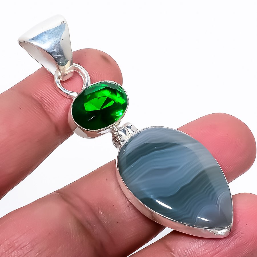 Blue Lace Agate & Chrome Diopside 925 Sterling Silver Pendant, Handmade Pendant, Pear Pendant, Blue Pendant, Unique Silver Pendant, Fine Pendant, Silver Jewelry Pendant