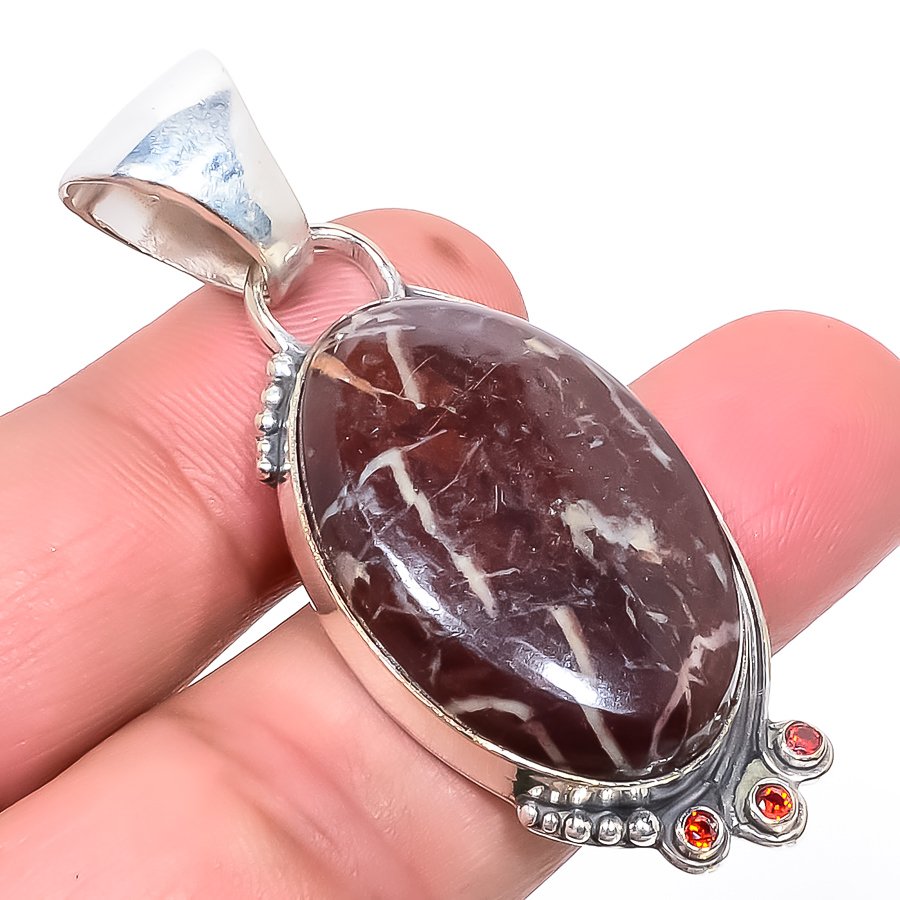 Coconut Jasper & Garnet 925 Sterling Silver Pendant, Handmade Pendant, Oval Pendant, Brown Pendant, Unique Silver Pendant, Fine Pendant, Silver Jewelry Pendant