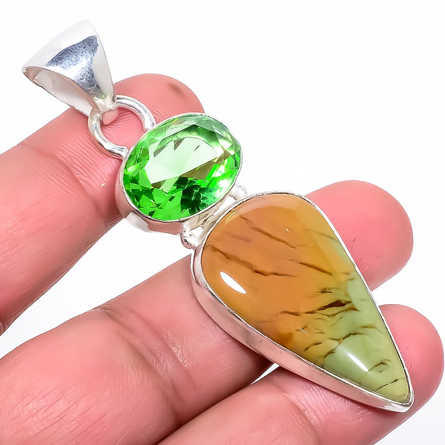 Polychrome Jasper & Peridot 925 Sterling Silver Pendant, Handmade Pendant, Pear Pendant, Green Pendant, Unique Silver Pendant, Fine Pendant, Silver Jewelry Pendant