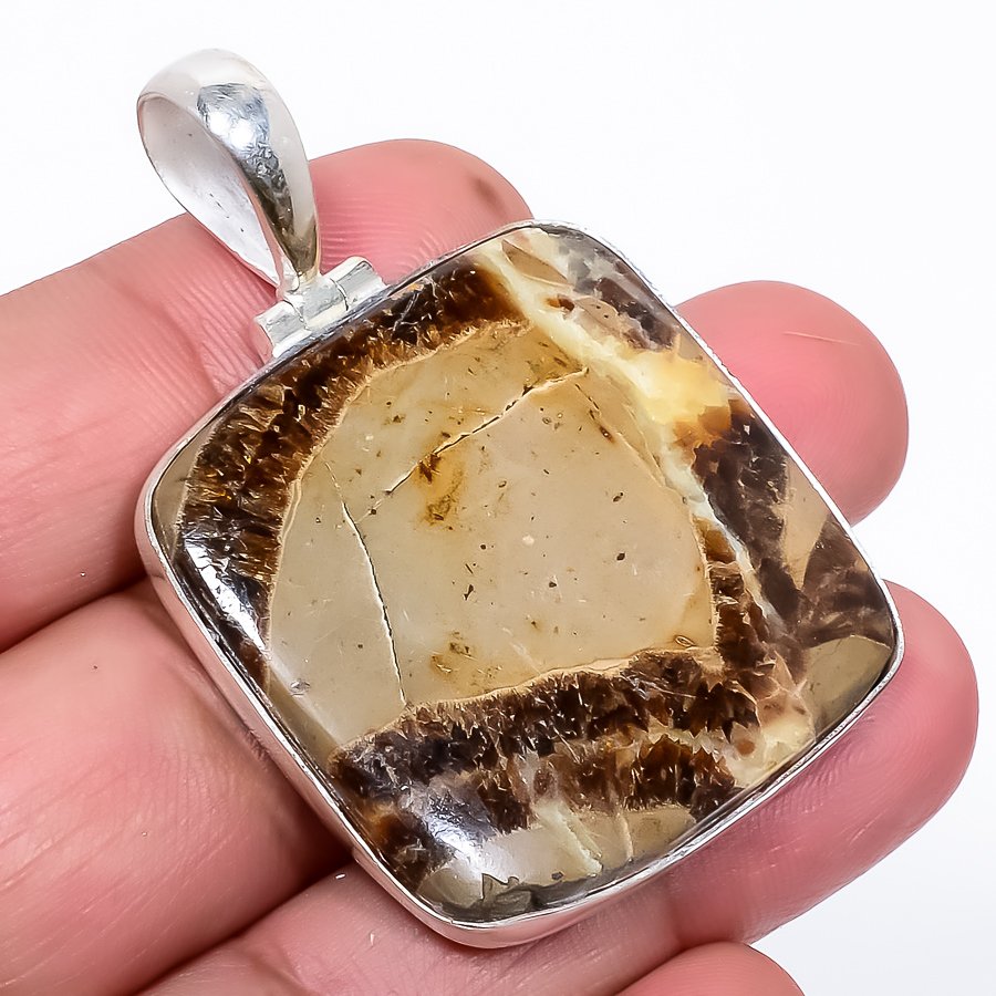 Sapterian Stone 925 Sterling Silver Pendant, Handmade Pendant, Cushion Pendant, Brown Pendant, Unique Silver Pendant, Fine Pendant, Silver Jewelry Pendant