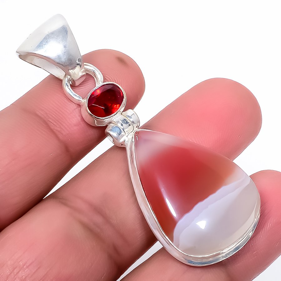 Botswana Lace Agate & Garnet 925 Sterling Silver Pendant, Handmade Pendant, Pear Pendant, Red Pendant, Unique Silver Pendant, Fine Pendant, Silver Jewelry Pendant