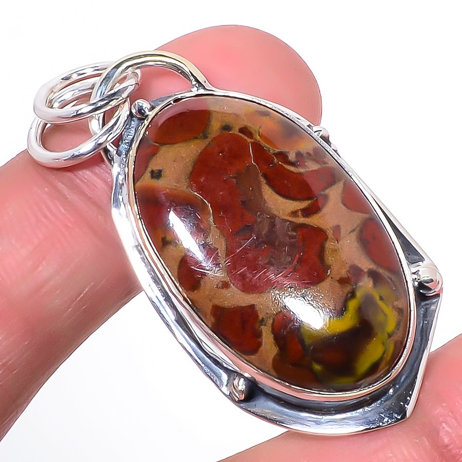 Rhyolite Jasper 925 Sterling Silver Pendant, Handmade Pendant, Oval Pendant, Red Pendant, Unique Silver Pendant, Fine Pendant, Silver Jewelry Pendant