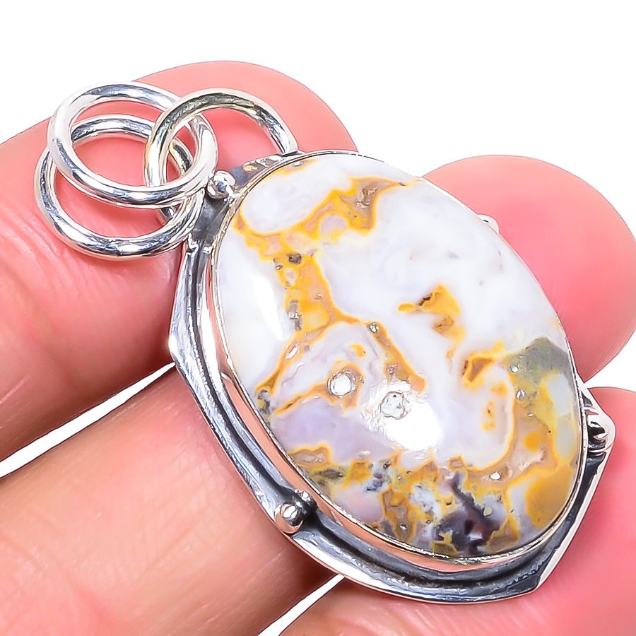 Polka Dot Jasper 925 Sterling Silver Pendant, Handmade Pendant, Oval Pendant, Yellow Pendant, Unique Silver Pendant, Fine Pendant, Silver Jewelry Pendant