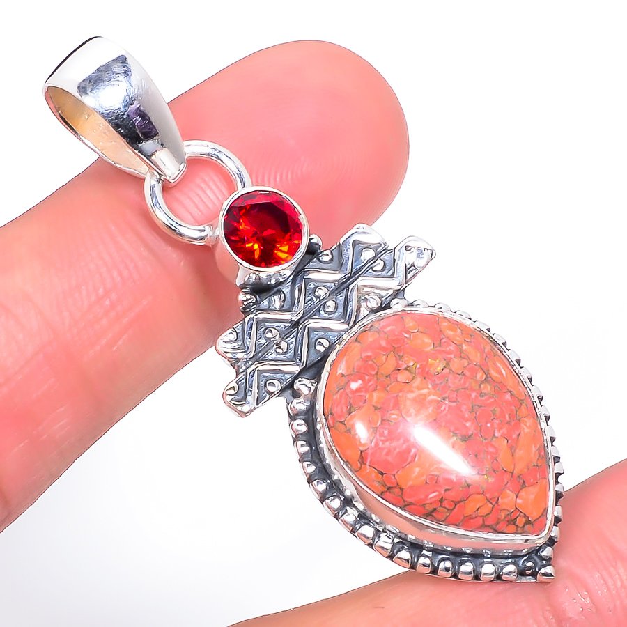 Copper Red Turquoise & Garnet 925 Sterling Silver Pendant, Handmade Pendant, Pear Pendant, Red Pendant, Unique Silver Pendant, Fine Pendant, Silver Jewelry Pendant