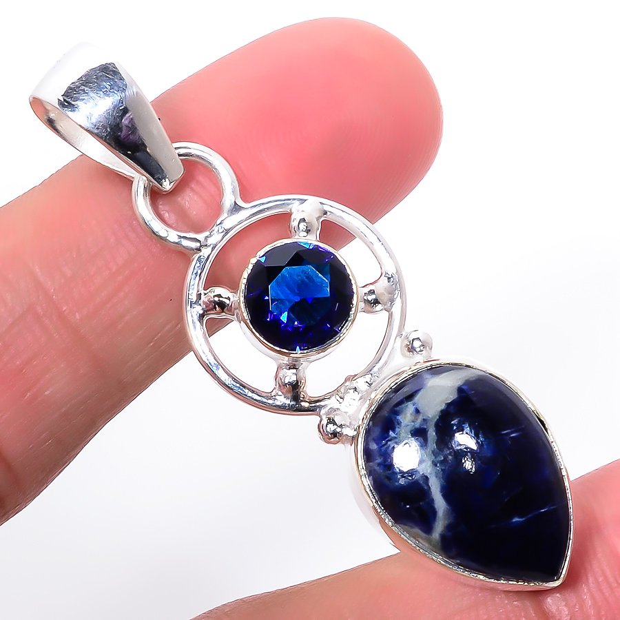 Sodalite & Sapphire 925 Sterling Silver Pendant, Handmade Pendant, Pear Pendant, Blue Pendant, Unique Silver Pendant, Fine Pendant, Silver Jewelry Pendant