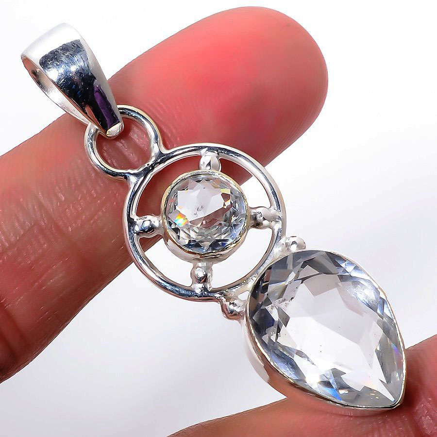 White Topaz & Rainbow Topaz 925 Sterling Silver Pendant, Handmade Pendant, Pear Pendant, White Pendant, Unique Silver Pendant, Fine Pendant, Silver Jewelry Pendant
