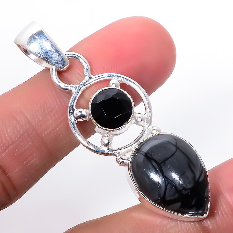 Picasso Jasper & Black Onyx 925 Sterling Silver Pendant, Handmade Pendant, Pear Pendant, Black Pendant, Unique Silver Pendant, Fine Pendant, Silver Jewelry Pendant