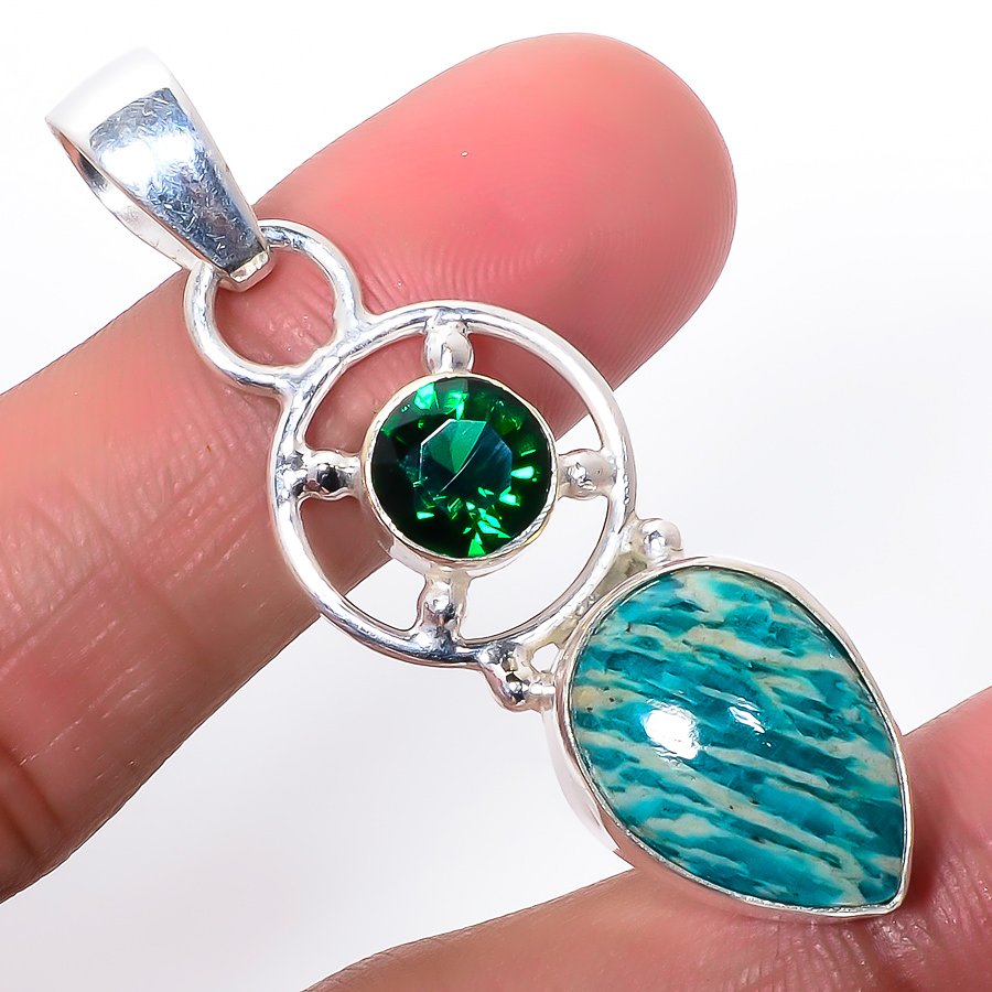 Amazonite & Emerald 925 Sterling Silver Pendant, Handmade Pendant, Pear Pendant, Green Pendant, Unique Silver Pendant, Fine Pendant, Silver Jewelry Pendant