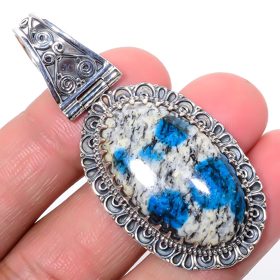 K2 Blue Azurite 925 Sterling Silver Pendant, Handmade Pendant, Oval Pendant, Blue Pendant, Unique Silver Pendant, Fine Pendant, Silver Jewelry Pendant
