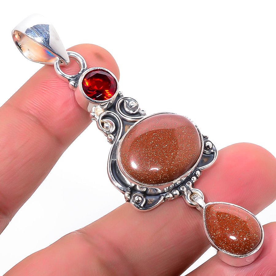 Golden Sunstone & Garnet 925 Sterling Silver Pendant, Handmade Pendant, Oval Pendant, Golden Pendant, Unique Silver Pendant, Fine Pendant, Silver Jewelry Pendant